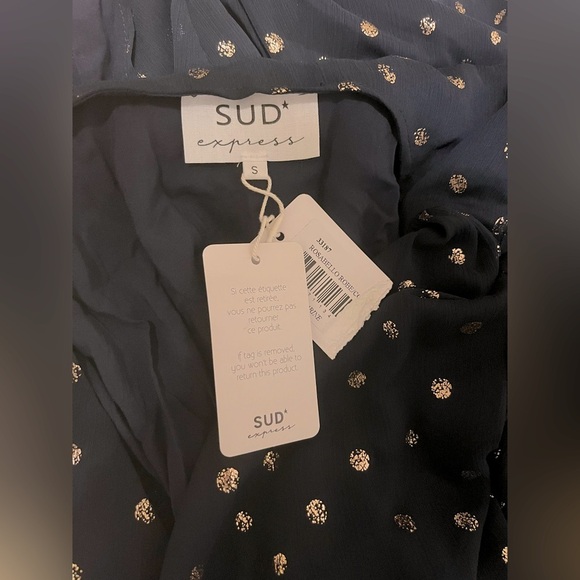 NWT ~ SUD Express ~ Wrap Dress Navy Blue with Gold Polka Dots Women's Small - Picture 4 of 5